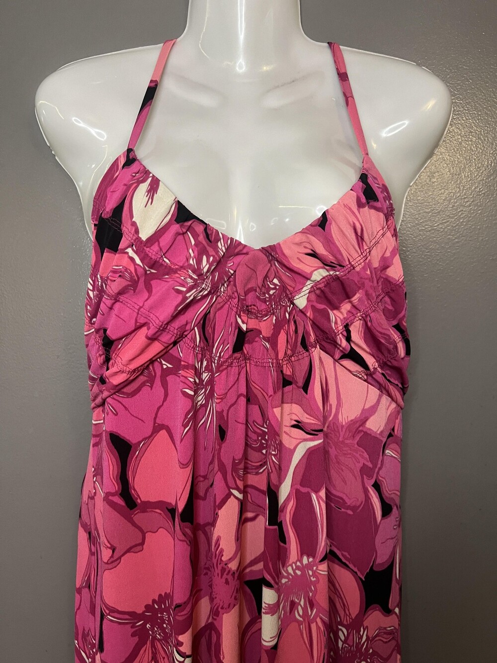 ELLE Dress Womens Medium Pink Floral Halter Maxi Jersey Sundress Casual Summer